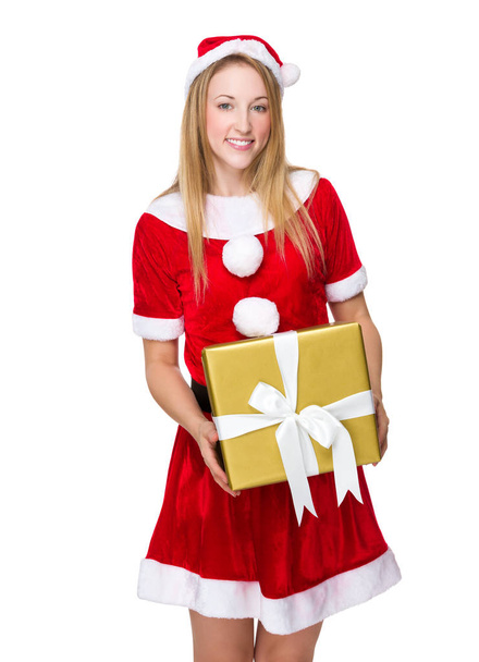 Woman with x mas costume hold with big gift box - Foto, imagen