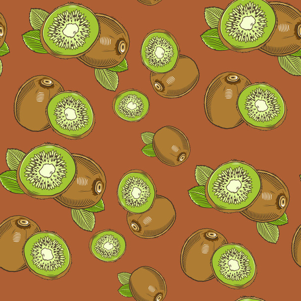 Colored seamless pattern with kiwi and slices in vintage style - Vector, Image