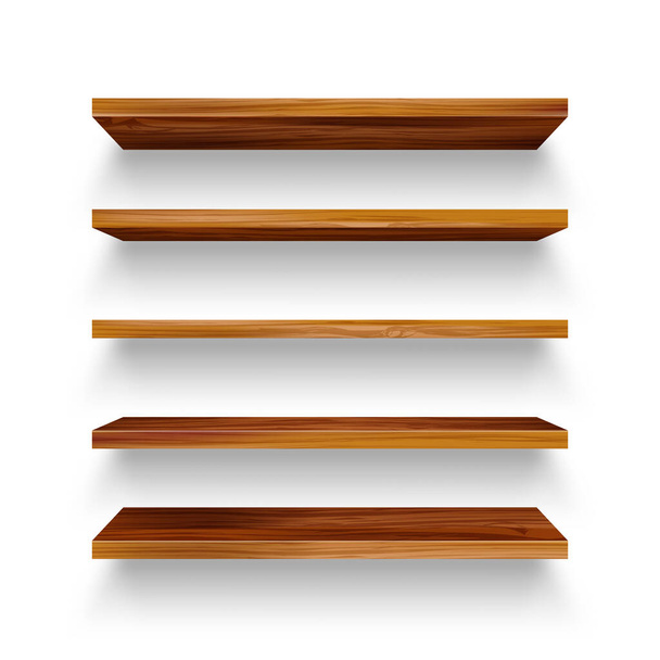 Estantes de madera vacíos realistas fijados. Estante del producto con textura de madera. Bastidor de pared del supermercado. Ilustración vectorial
. - Vector, imagen