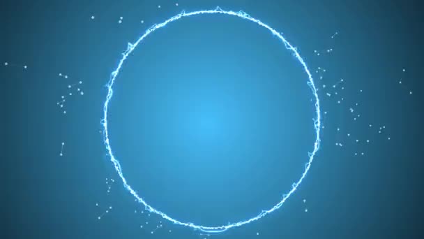 Schitterende lichte slagen na cirkelvormige ring bewegingspad en draaien op een blauwe achtergrond vol witte plexus verbindt. - Video