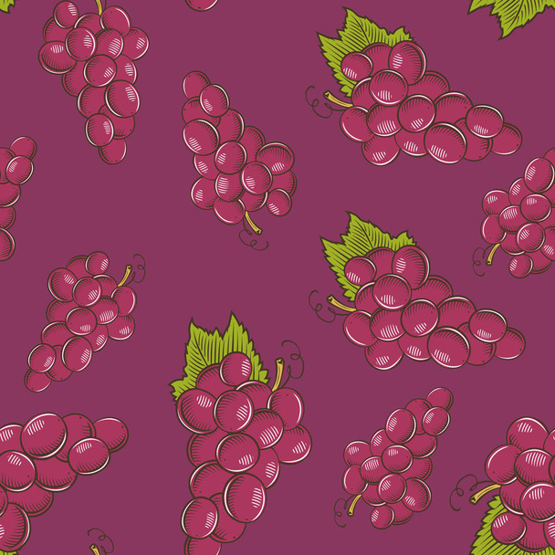 Colored seamless pattern with bunches of red grapes in vintage style - Διάνυσμα, εικόνα