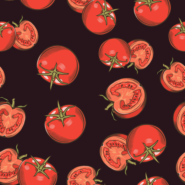 Απρόσκοπτη μοτίβο με κόκκινες ντομάτες σε σκούρο φόντο σε vintage στυλ - Διάνυσμα, εικόνα