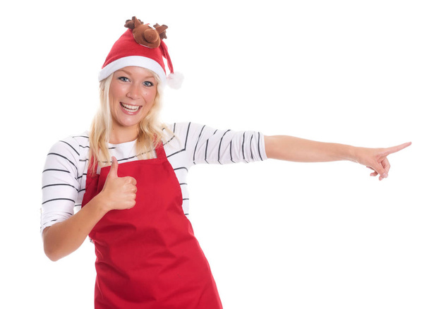 housewife with red apron showing thumbs up - Foto, Imagen
