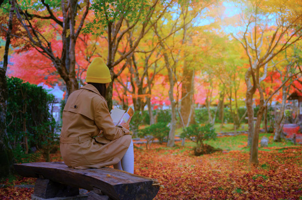 žena sedící na dřevěné židli ve stínu podzimního stromu ve veřejném parku, komfort čtení knihy ve světle ranní podzimní sezóny - Fotografie, Obrázek