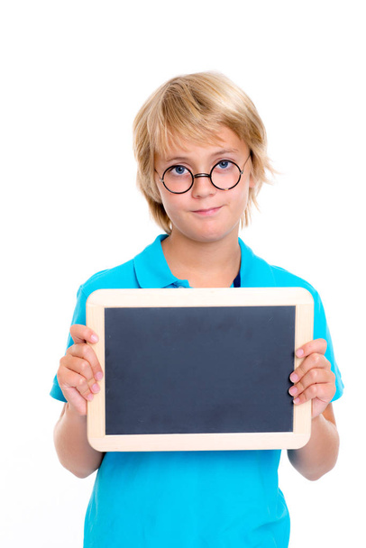 boy with round glasses and little blackboard in front of white background - Foto, Imagen