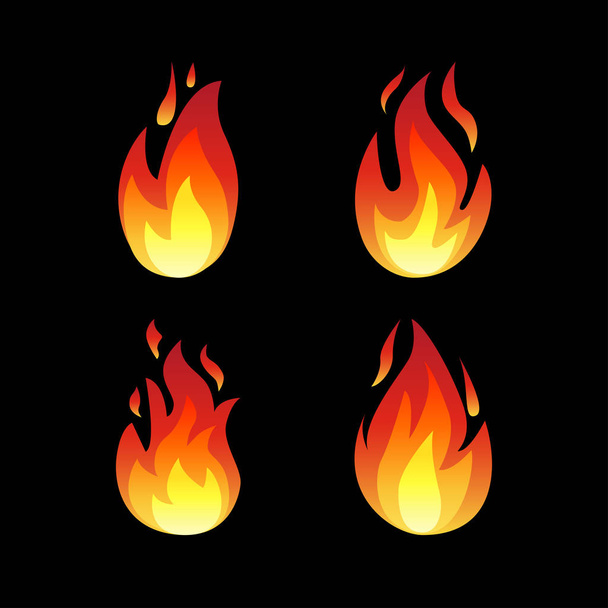 Set of fire flame icons isolated on a black background. - Vector, Image