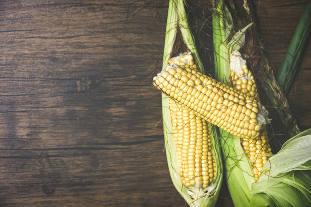 Fresh sweet corn ears on wooden background / Corn on cobs - Fotó, kép