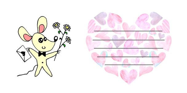 Fondo para tarjeta de felicitación, carta, Declaración de amor con corazones y animales lindos. Ilustración simple para papelería, invitación, cuadernos, niñas, cumpleaños, día de San Valentín
 - Foto, Imagen