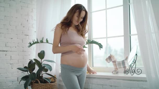 gelukkig zwanger vrouw strelen buik in de buurt venster in slow motion. - Video