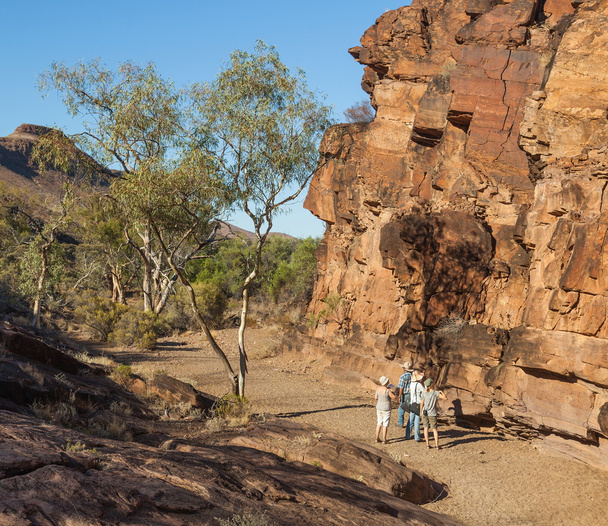 Туристы в ущелье Чамберс гравировка аборигенов. Флиндерс Рэндж. Южная Австралия
. - Фото, изображение