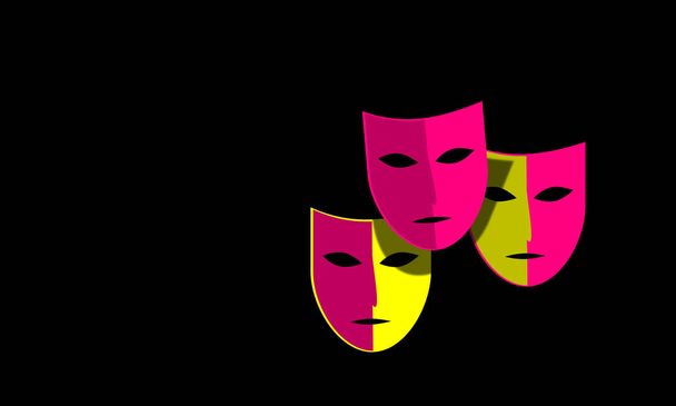 Set of colorful carnival masks lilac and yellow. Dark background. Theater, old comedy. Illustration with mysterious aroma. Essence of the hidden. Space, copy paste. - Photo, Image