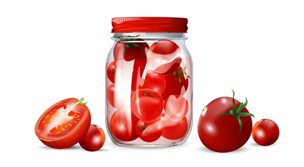 Vector illustration of fresh tomatoes and canned tomatoes in a glass jar with a twist. - Διάνυσμα, εικόνα