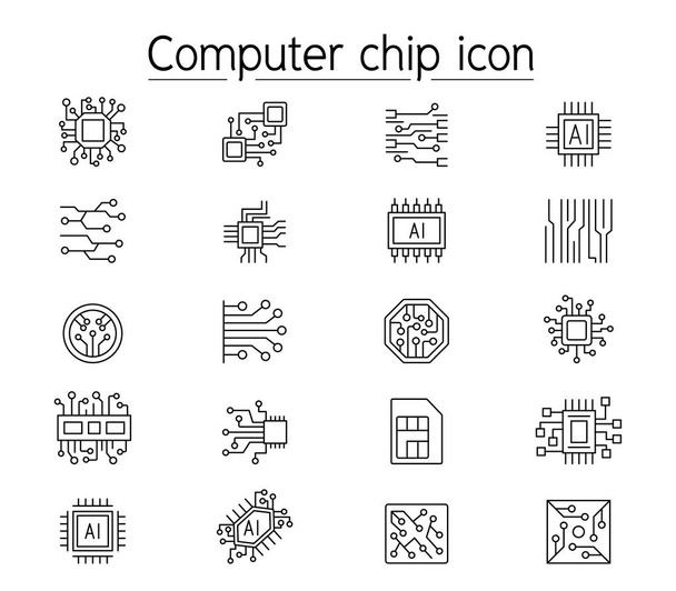 Icona del chip del computer impostata in stile linea sottile
 - Vettoriali, immagini