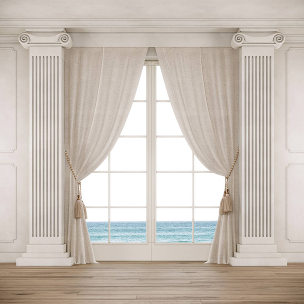 Zimmer im klassischen Stil mit großen Fenstern, Vorhängen und Säulen. 3D-Darstellung. - Foto, Bild