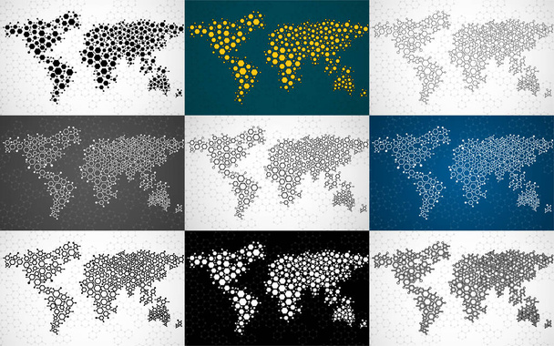 Zusammenstellung abstrakter Weltkarten mit sechseckigen molekularen Strukturen. Vektorillustration - Vektor, Bild
