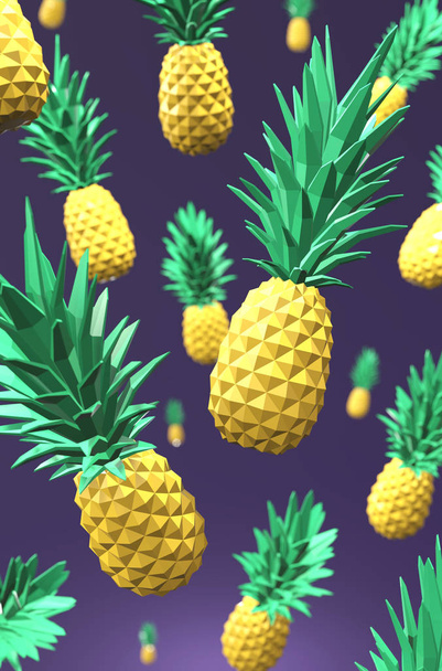 3D-ilustrace létajících ananasů proti fialovému pozadí. - Fotografie, Obrázek