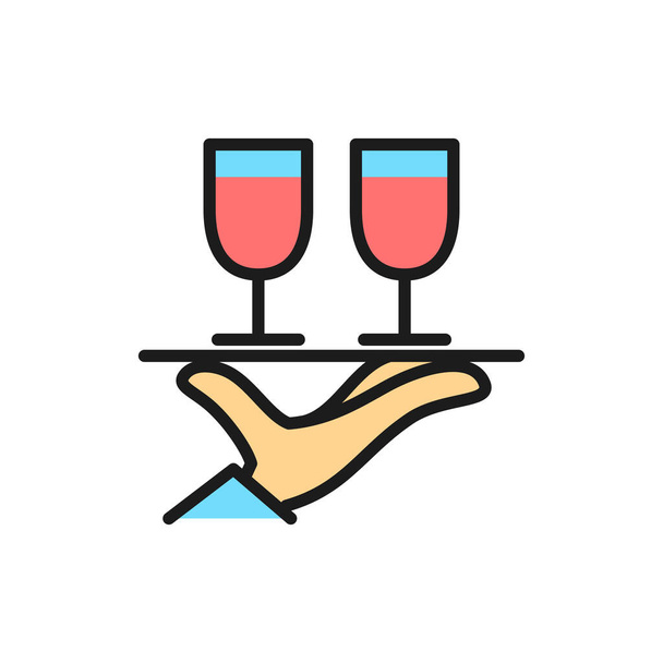 Vector hand holds two glasses flat color line icon. - Vector, Image