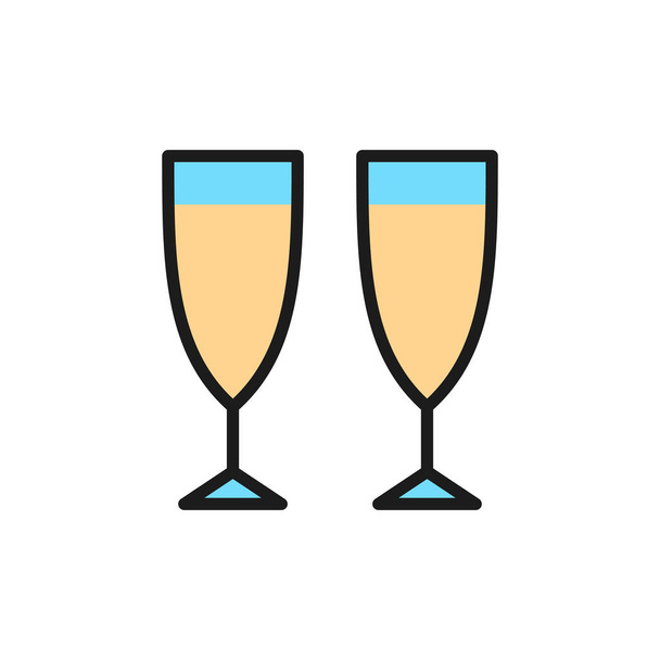 Vector champagne glasses flat color line icon. - Vector, Image