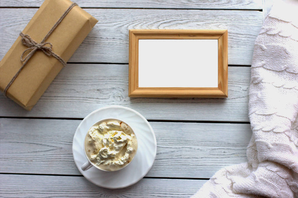 Zero waste eco gift bag. Wooden frame for text. Hygge coffee mockup.  - Photo, Image