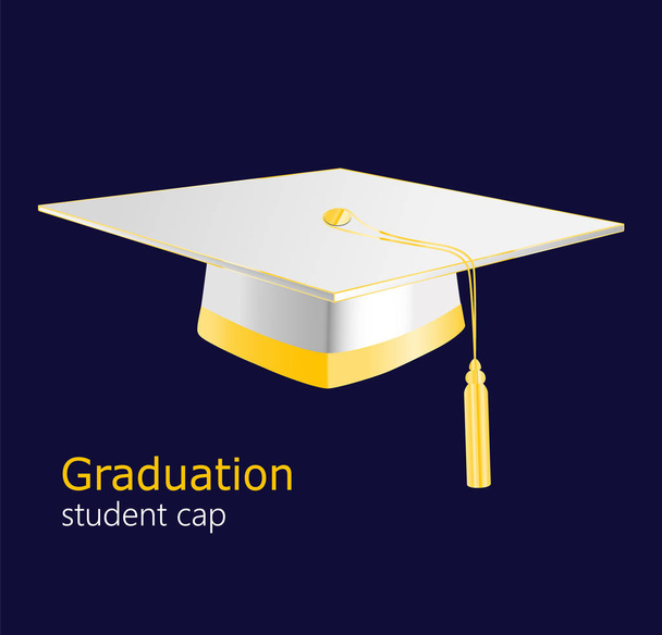 White graduation student hats with golden elementson dark background. Vector modern education cap - Vector, Image