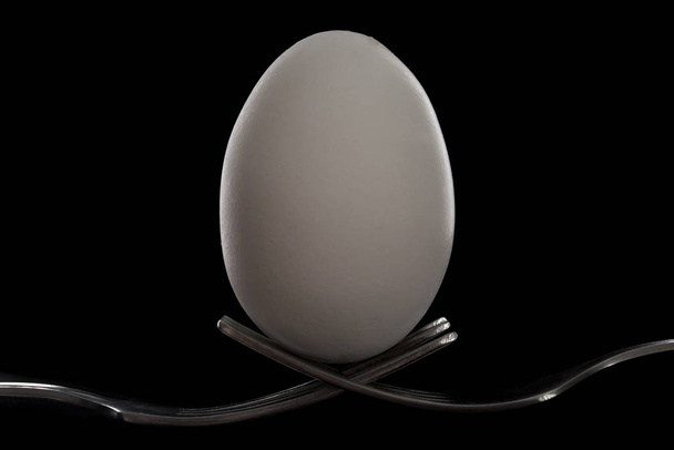 uovo bianco su due forchette incrociate su fondo nero. primo piano, copiare spazio, orizzontale
 - Foto, immagini