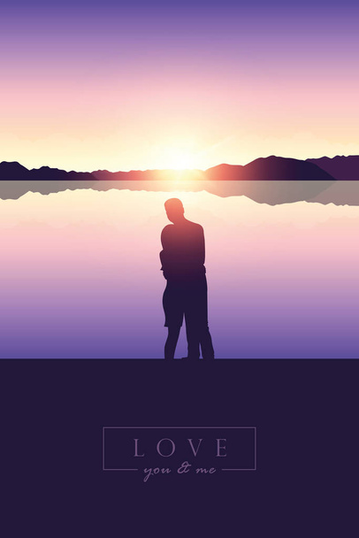 silhueta de casal romântico junto ao lago ao pôr do sol
 - Vetor, Imagem