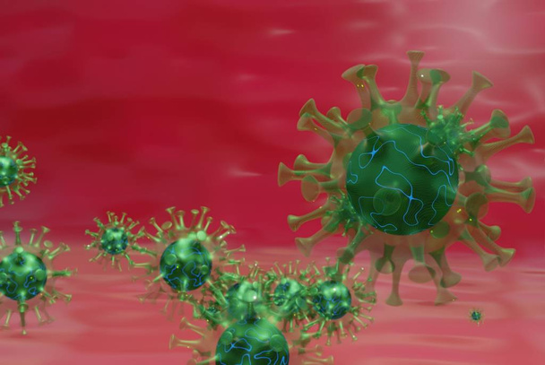 Ilustración 3D del virus corona nueva cepa mortal asiática de patógeno infeccioso. Virus flotante en visión microscópica de fluidos, pandemia o concepto de infección por virus
. - Foto, imagen