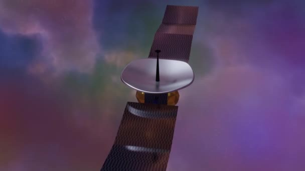 Satelita z kolorowymi mgławicami w tle. kosmiczna sonda tło promieni kosmicznych. - Materiał filmowy, wideo