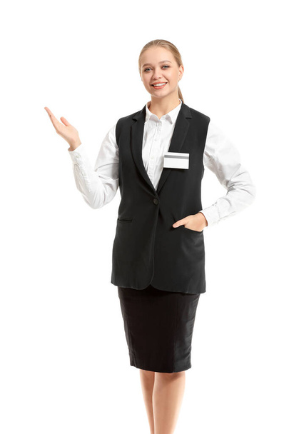 Portrait of female receptionist on white background - Zdjęcie, obraz