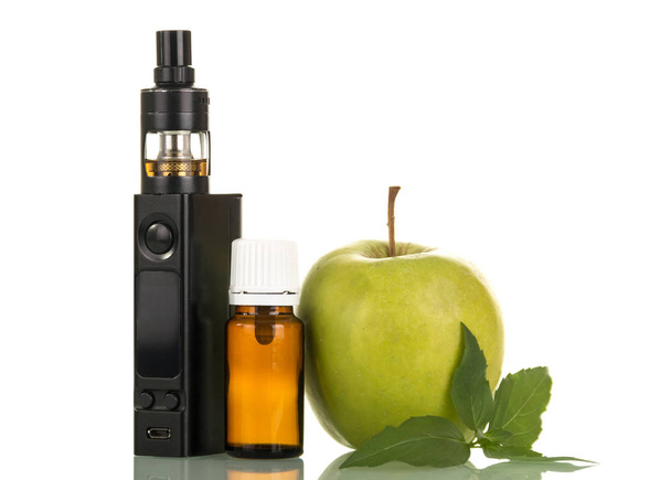 Electronic cigarette and bottle with smoking liquid, green apple, isolated on white background - Fotoğraf, Görsel