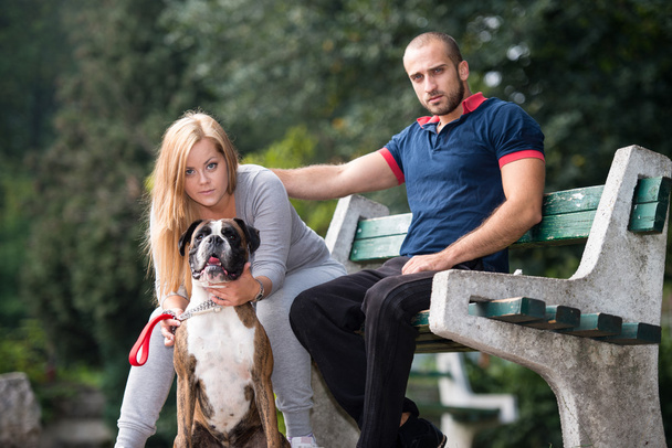 Beautiful Couple With The Dog - Fotoğraf, Görsel