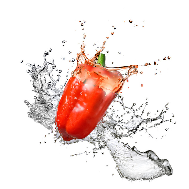 Fresh water splash on red pepper isolated on white - Fotografie, Obrázek