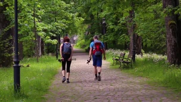 Young couple with backpacks and sportswear goes camping. Travel and vacation concept - Footage, Video