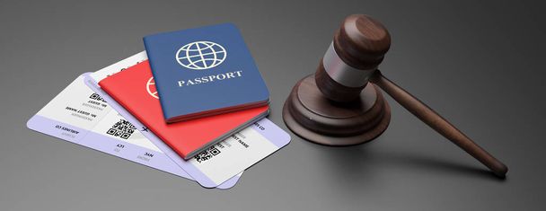 Pasaportes, boletos de avión y martillo de juez sobre fondo negro, pancarta. ilustración 3d
 - Foto, Imagen