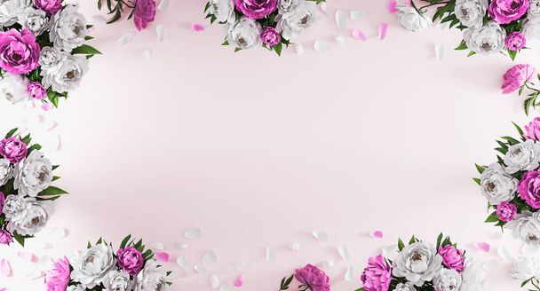 Fondo rosa claro con peonías blancas y moradas y pétalos de flores desde la vista superior. Concepto de invitación de boda. Día de la madre, Cumpleaños, San Valentín fondo maqueta. Acostado. renderizado 3d
 - Foto, Imagen