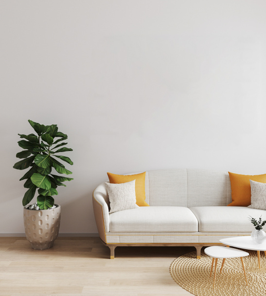 Sala de estar moderna com sofá branco. Um mockup brilhante na sala de estar. Estilo escandinavo, elegante, acolhedor interior da sala de estar. renderização 3d, ilustração 3d
 - Foto, Imagem