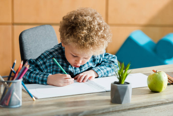 selective focus of smart and curly kid drawing near ripe apple on table  - Photo, Image