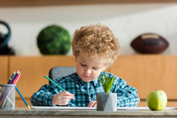 selective focus of smart and curly kid drawing near ripe apple on table  - Fotografie, Obrázek
