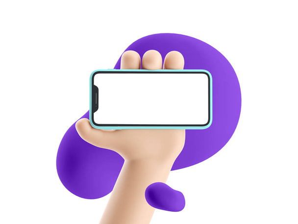 Мультиплікаційний пристрій Mockup з 3d формами. Мультяшна рука тримає телефон на білому тлі. 3d ілюстрація
. - Фото, зображення