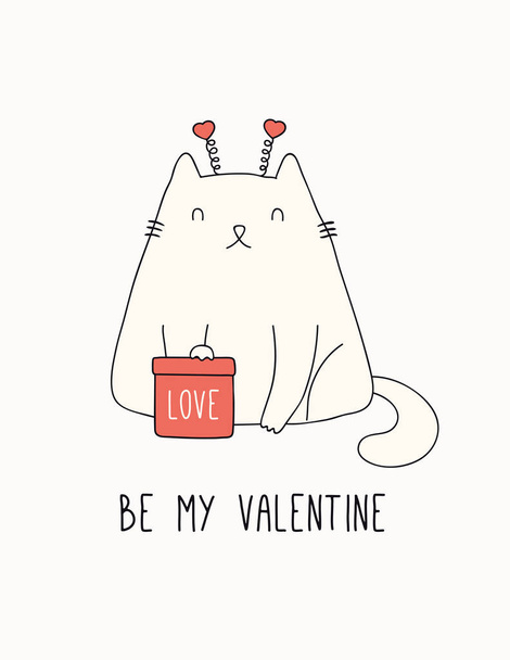 かわいい太った猫、贈り物、心、テキストとバレンタインデーカードを手描き。ベクトルイラスト休日のデザインコンセプト｜print - ベクター画像