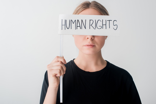 woman holding flag with human rights lettering isolated on white - Фото, зображення