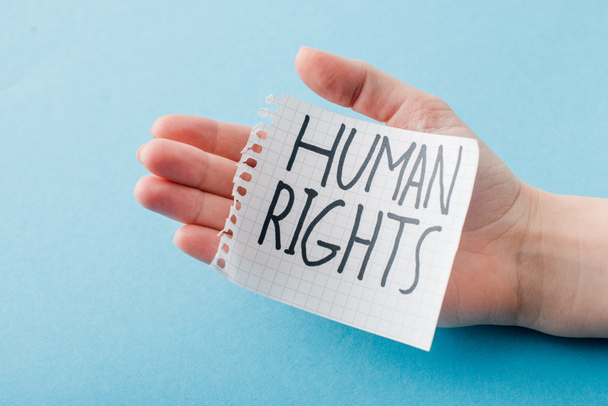 cropped view of woman holding paper with human rights lettering isolated on blue  - Foto, immagini