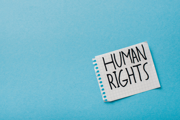 top view of paper with human rights lettering isolated on blue  - Foto, Imagen