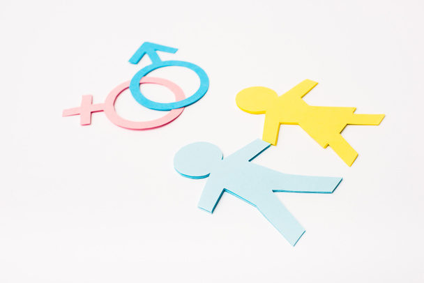 carta tagliare le persone vicino segni di genere isolati su bianco, concetto di uguaglianza sessuale
  - Foto, immagini