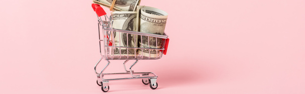 panoramic shot of toy shopping trolley with dollar banknotes on pink, leasing concept  - Photo, Image