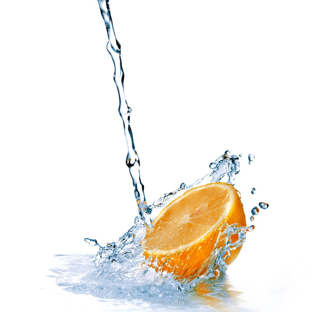 Fresh water drops on orange isolated on white - Fotó, kép