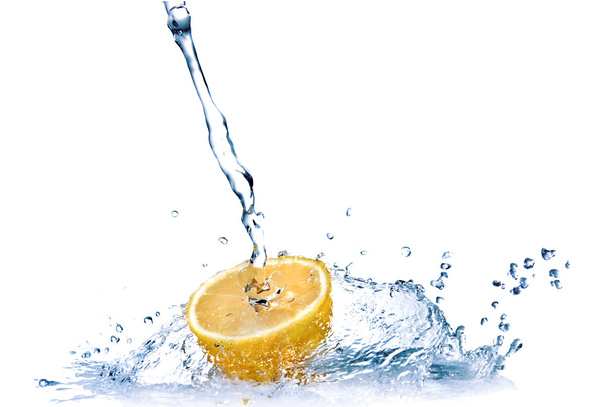 Fresh water drops on lemon isolated on white - 写真・画像