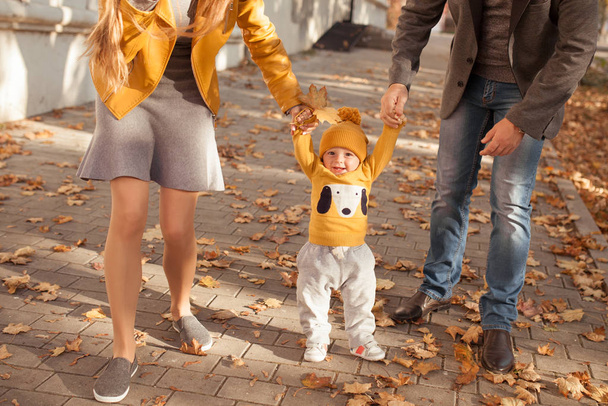 Beautiful happy family on a walk in the autumn park - 写真・画像