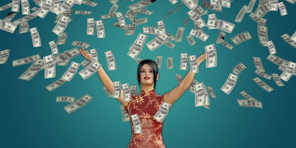 Asian Woman Catching Money Falling From the Sky in US Dollars - Fotografie, Obrázek