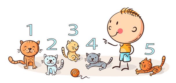 Criança contando gatos e números de aprendizagem, ilustração colorida
 - Vetor, Imagem